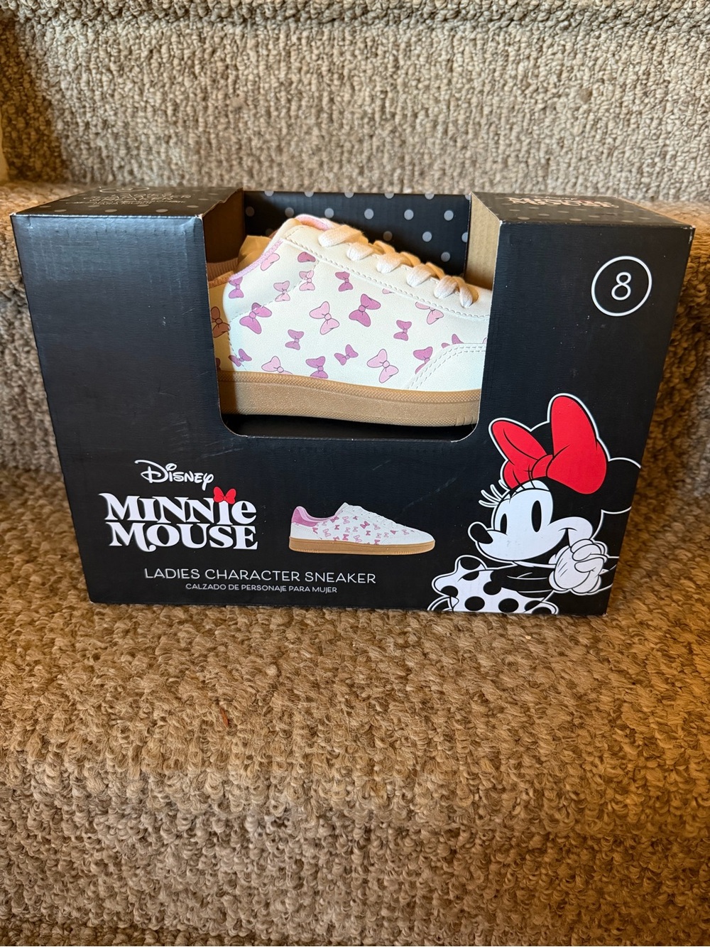 NEW DISNEY MINNIE MOUSE BOW PRINT SNEAKERS WOMEN’S SIZE 8 WHITE PINK